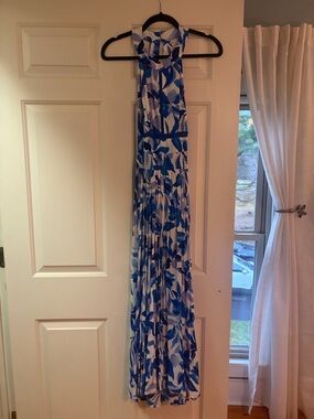 Blue & White Halter Maxi Dress with Open Tie Back Resort Cottagecore Floral NWT